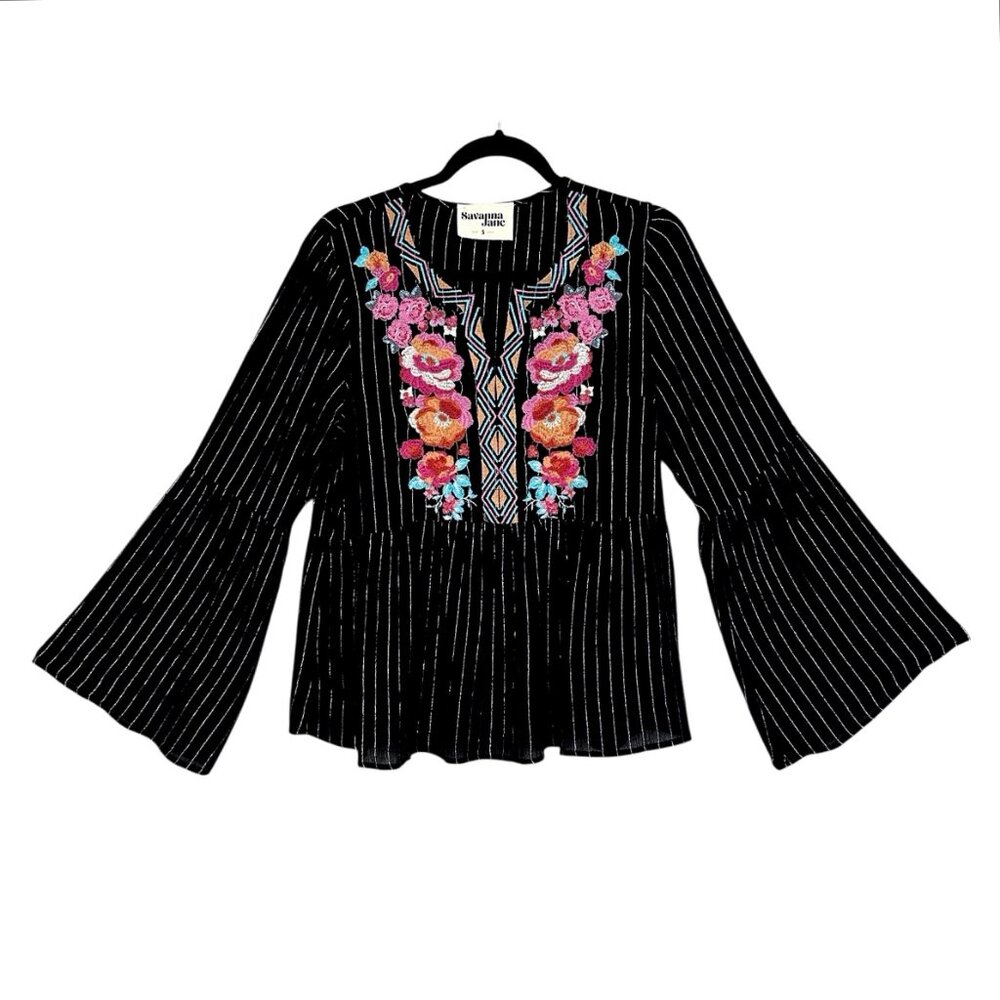 Savanna Jane Embroidered Floral Bell Sleeve Blouse